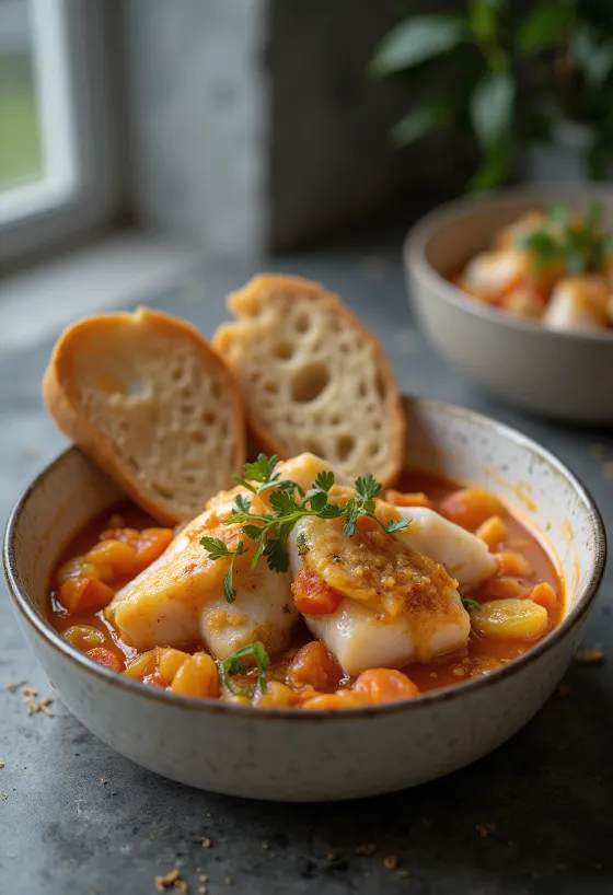 Caponata halas változatban tálalva, paradicsomos szósszal és olívabogyóval