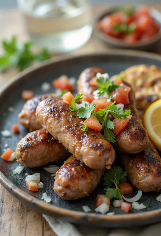 Cevapi petrezselyemmel, frissen sült és szép aranybarna, pita kenyéren tálalva