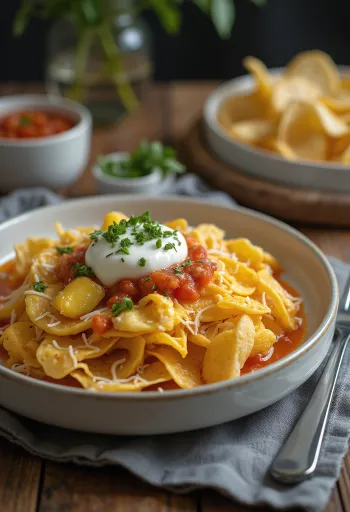 Chilaquiles con huevo revuelto, friss korianderrel és tejföllel tálalva, színes és ínycsiklandó étel