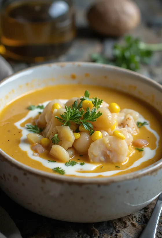 Chupe de mariscos, tengeri herkentyűs leves, tejföllel és friss zöldségekkel