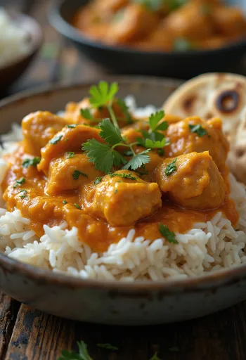 Csirke tikka masala basmati rizzsel tálalva