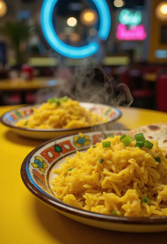 Curryvel fűszerezett rizs tálalva