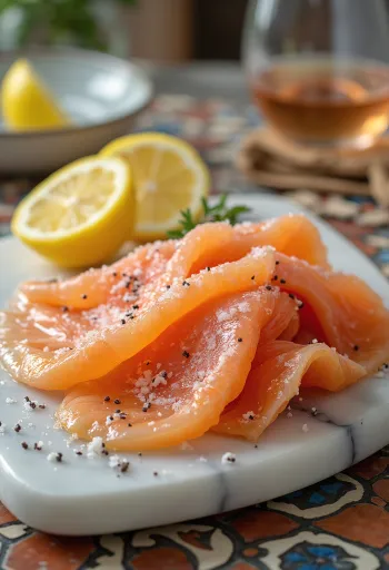 Gravlax vodkával, vékonyra szeletelt pácolt lazac friss kaporral és citrommal tálalva