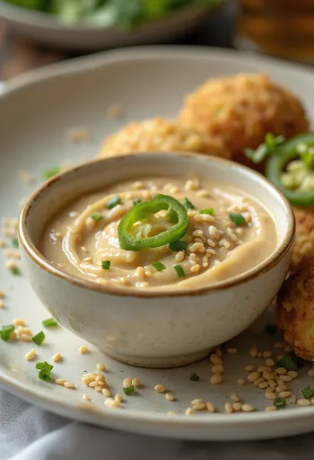 Jalapeños szezámos tahini szósz tálalva
