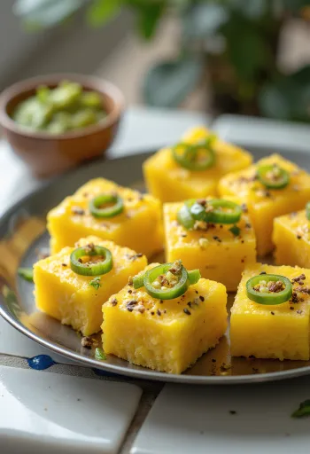 Khaman Rava Dhokla friss korianderrel tálalva