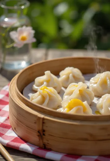 Kínai édes mungóbabos dumpling ragacsos rizstésztában, bambuszgőzölőben tálalva