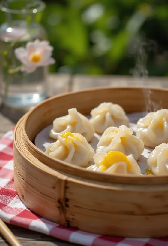 Kínai édes mungóbabos dumpling ragacsos rizstésztában, bambuszgőzölőben tálalva