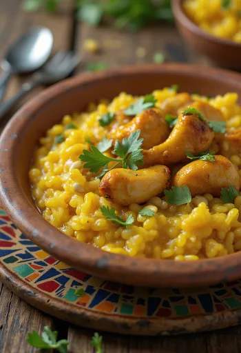Kozhi Pongal, csirkehússal, kókuszreszelékkel és friss korianderrel tálalva
