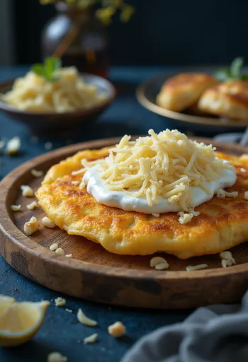 Lángos pancake tejföllel és sajttal tálalva