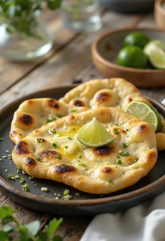 Lime-os naan kenyér frissen tálalva