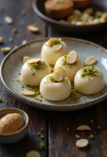Malai Sondesh tejszínnel, friss túróval és rózsavízzel díszítve