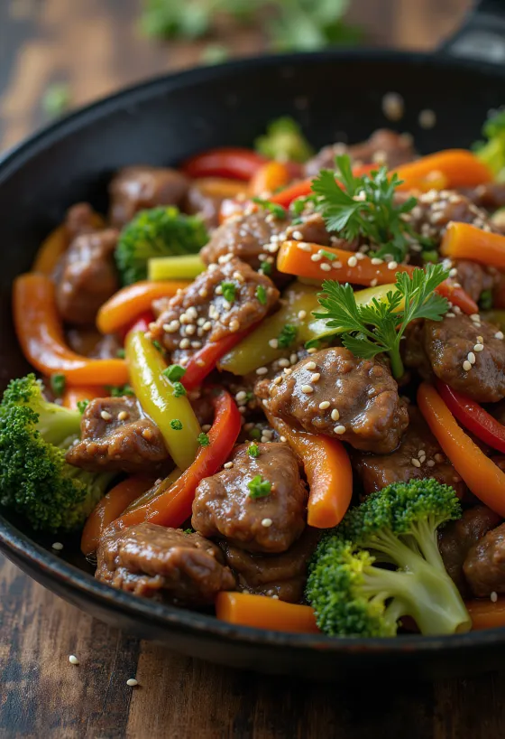 Marha Bulgogi Zöldségekkel koreai stílusú étel tálalva