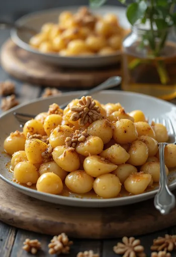 Mézes és diós gnocchi tálalva
