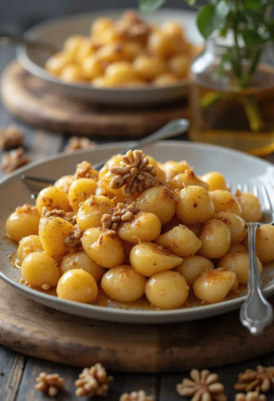 Mézes és diós gnocchi tálalva