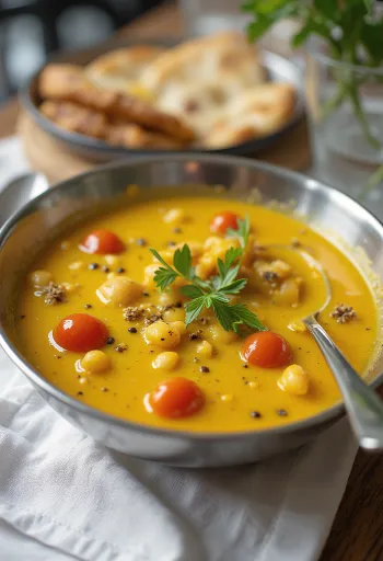 Moong Dal Fry gazdag fűszeres ízekkel, friss koriander levelekkel.