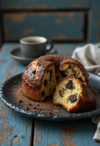 Étcsokoládés panettone szeletekkel tálalva, puha belsővel