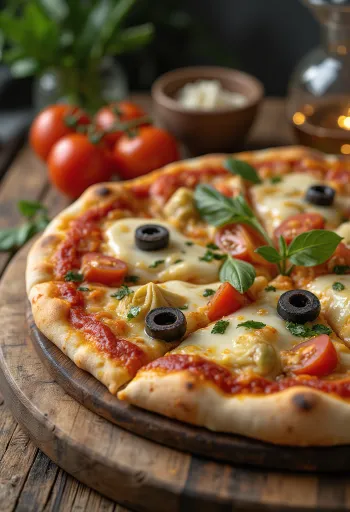 Mediterrán pizza olívabogyóval, paradicsommal és articsókával