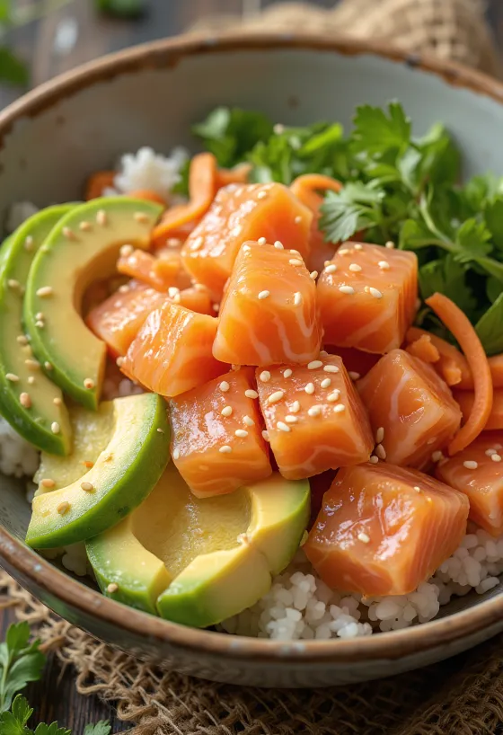 Poké bowl lazaccal, friss zöldségekkel és szójaszósszal