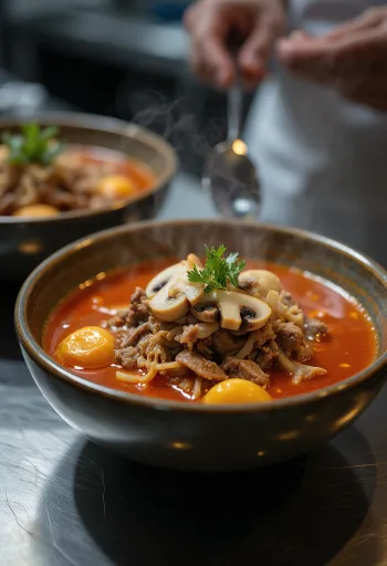 Pörkölt Gombás Yukgaejang, koreai marhahúsos tészta leves pörkölt gombával