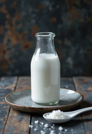Probiotikus kókuszkefir üvegben, krémes fehér ital tálalva