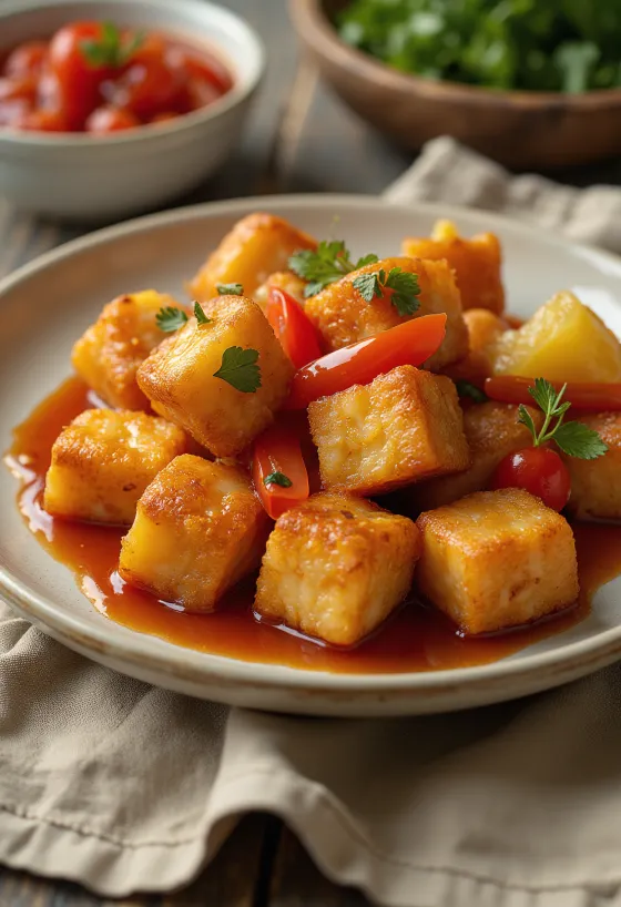 Ropogós sült tofu édes-savanyú szósszal tálalva