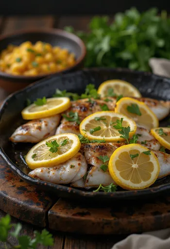 Samak Mashwi citrommal tálalva, grillezett hal friss citrommal és korianderrel