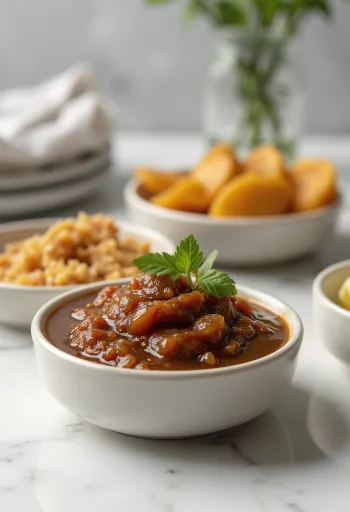 Tamarind chutney üvegben, gazdag barna színű fűszeres szósz