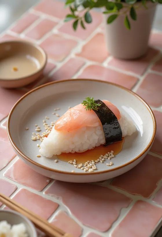 Tarako tőkehal ikra töltelékű onigiri, nori alga lapokkal és szezámmaggal