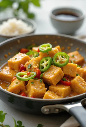 Tofus Bicol Express tálalva, kókusztejjel és zöld chilivel