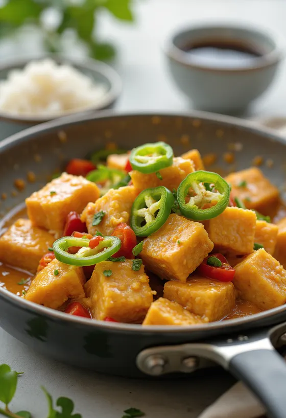 Tofus Bicol Express tálalva, kókusztejjel és zöld chilivel