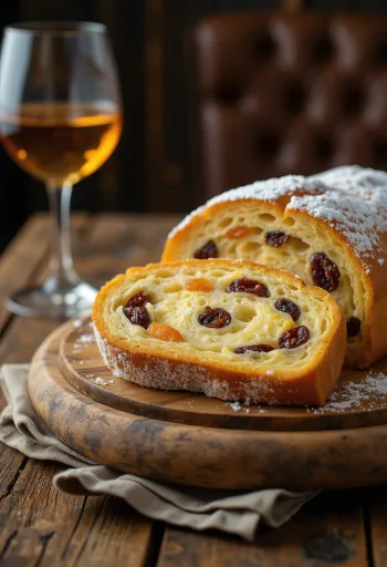Tokaji boros-vaníliás Stollen szeletelve, porcukorral megszórva, rusztikus deszkán