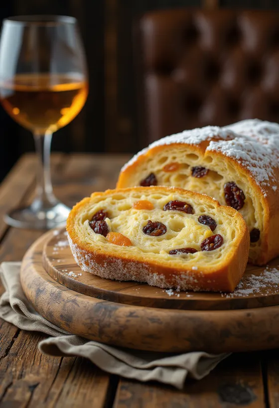 Tokaji boros-vaníliás Stollen szeletelve, porcukorral megszórva, rusztikus deszkán