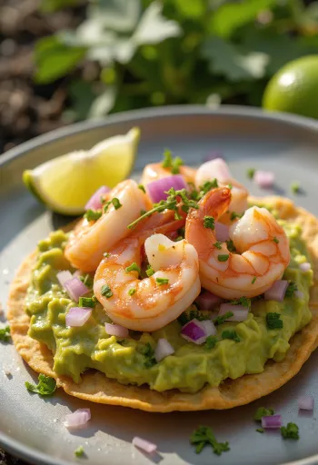 Tostada garnélával, avokádóval és lime-lével tálalva, friss korianderrel