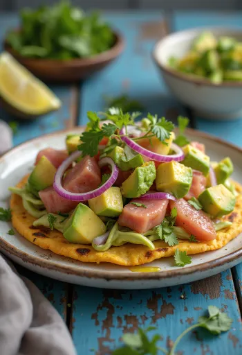 Tostada tonhallal, avokádóval és friss korianderrel tálalva
