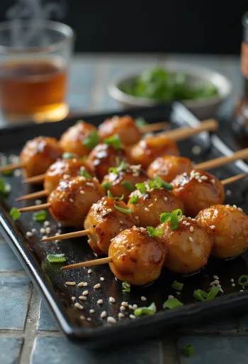 Tsukune yakitori csirkehúsgombócok pálcikán, szezámmaggal és friss zöldhagymával tálalva