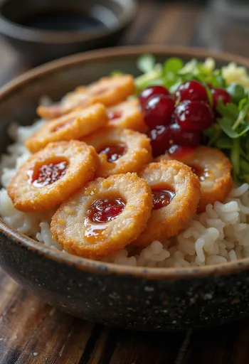 Umeboshi savanyított szilvával töltött katsudon tálalva, ínycsiklandó aranybarna húsokkal.