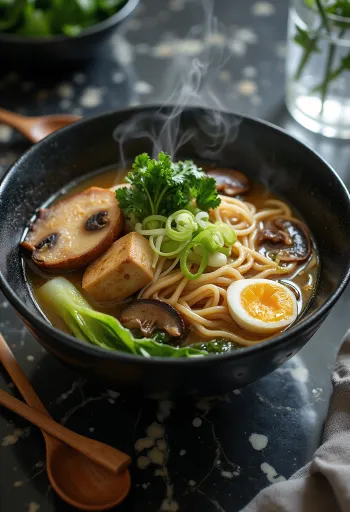 Vegán ramen tofuval, shiitake gombával és friss zöldségekkel tálalva.