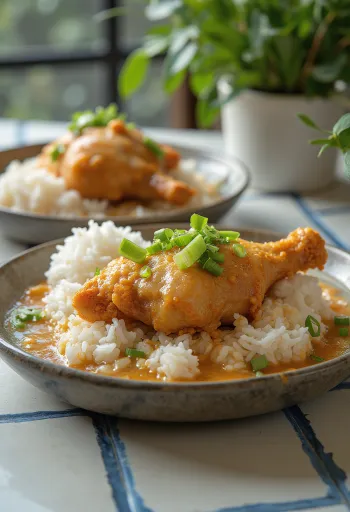 Ayam Penyet kókusztejes mártással, frissen tálalva, szaftos csirkecombokkal és rizssel.