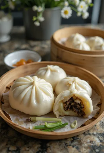Bánh Bao zöldségekkel, gőzölve, friss korianderrel díszítve