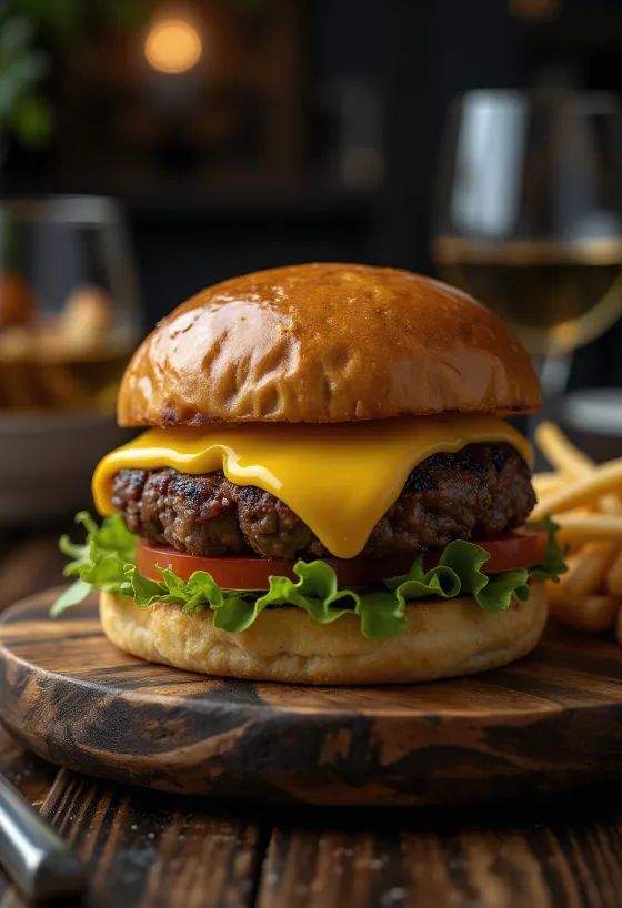 Bölényhúsos hamburger sajttal és zöldségekkel