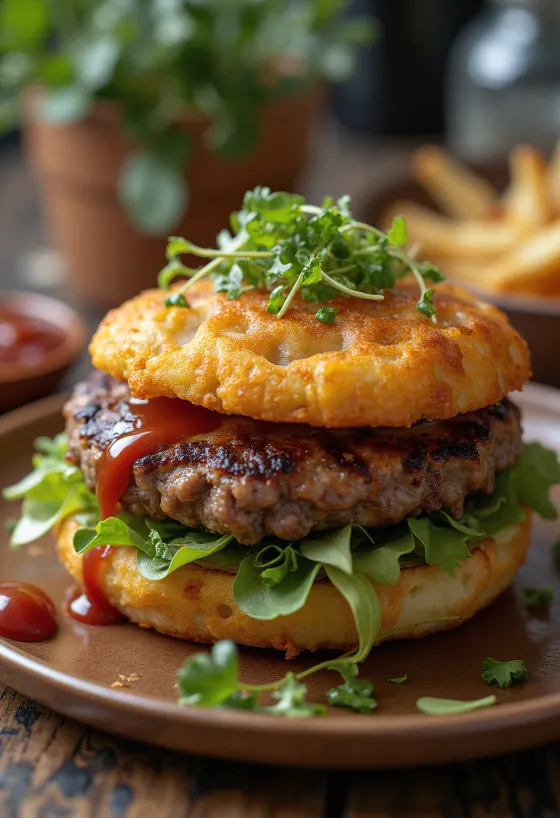 Burgonya rösztis burger tálalva
