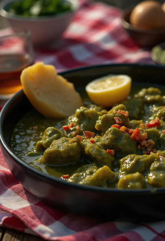 Callaloo füstölt hússal, zöld leveles főzelék tálalva füstölt húskockákkal és kókusztej alapban