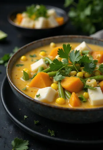 Chupe Vegano, gazdag kókusztejes zöldségleves édesburgonyával és korianderrel díszítve