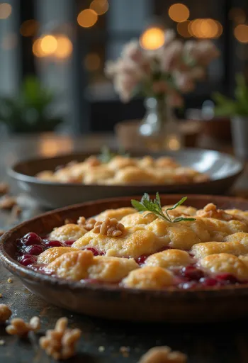 Cobbler dióval, ropogós tésztával és bogyós gyümölcsökkel tálalva