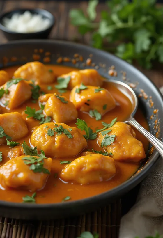 Csirke tikka masala curry tálalva rizzsel és friss korianderrel