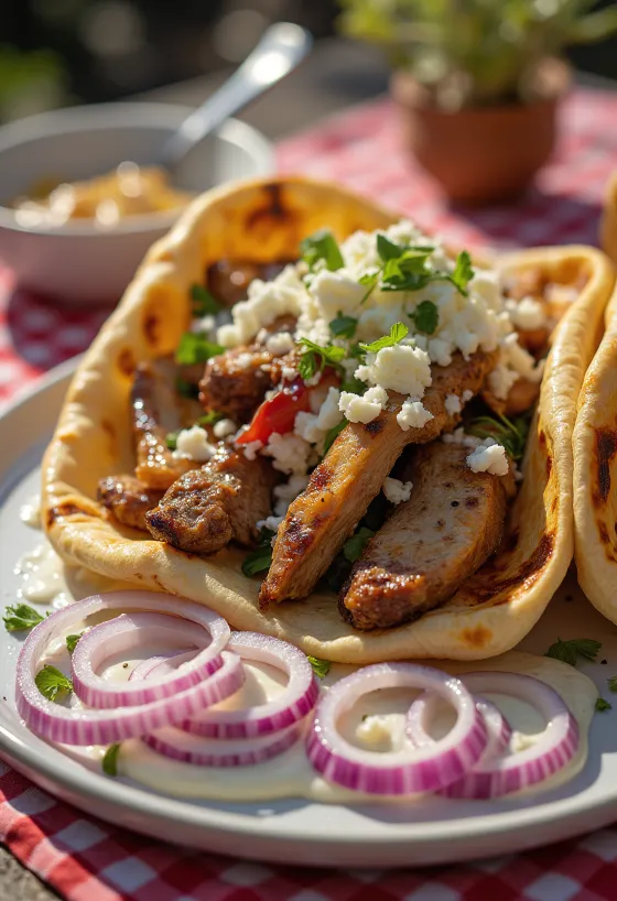 Extra húsos gyros sült csirkével, marhahússal, bárányhússal és tzatziki szósszal