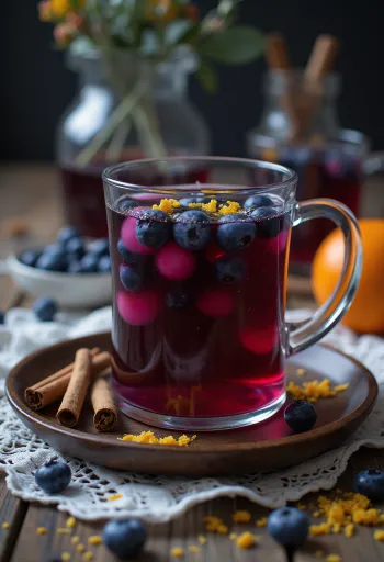 Fahéjas-áfonyás cider melegítő ital fahéjrúddal és áfonyával díszítve