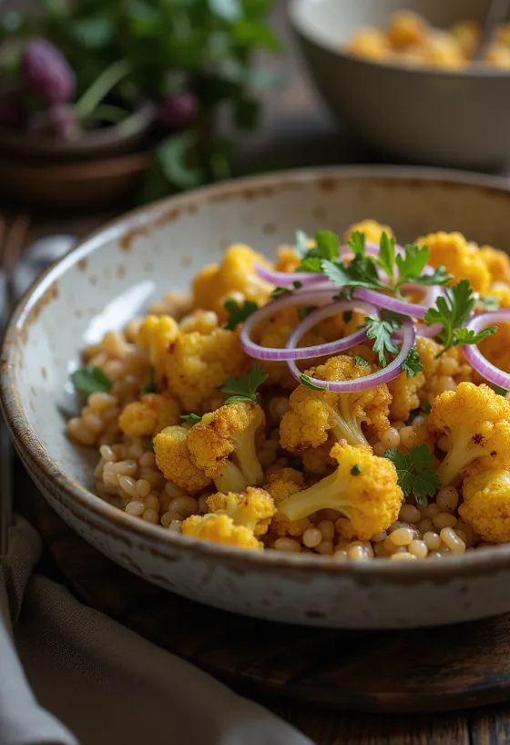 Farro sült karfiollal és curry fűszerkeverékkel tálalva