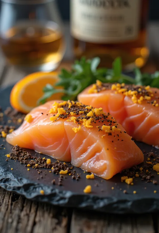 Gravlax whiskyvel, narancshéjjal pácolt lazac szeletelve tálalva
