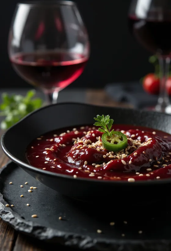 Jalapeños szezámos vörösboros szósz tálalva